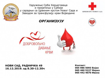 NOVI SAD: Mladi Hercegovci organizuju 9. akciju dobrovoljnog davanja krvi