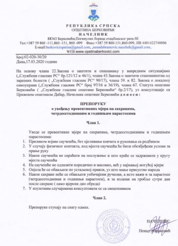 Берковићи: ПРЕПОРУКA о увођењу превентивних мјера на сахранама, четрдесетодневним и годишњим парастосима