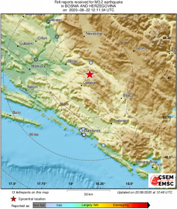 Земљотрес од 3,2 степена код Љубиња