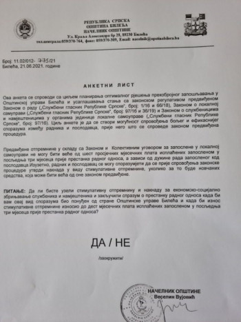 Zaposlenim u Opštini Bileća ponuđen sporazumni prekid radnog odnosa uz ''stimulativnu''otpremninu