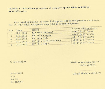БИЛЕЋА. Обавјештење потрошачима електричне енергије за општину Билећа за период од 1. до 4. марта