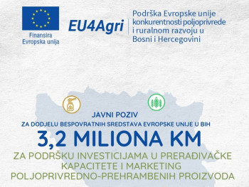 Отворен нови јавни позив пројекта ЕУ4АГРИ – 3,2 милиона КМ за подршку инвестицијама у прерађивачке капацитете и маркетинг пољопривредно-прехрамбених производа